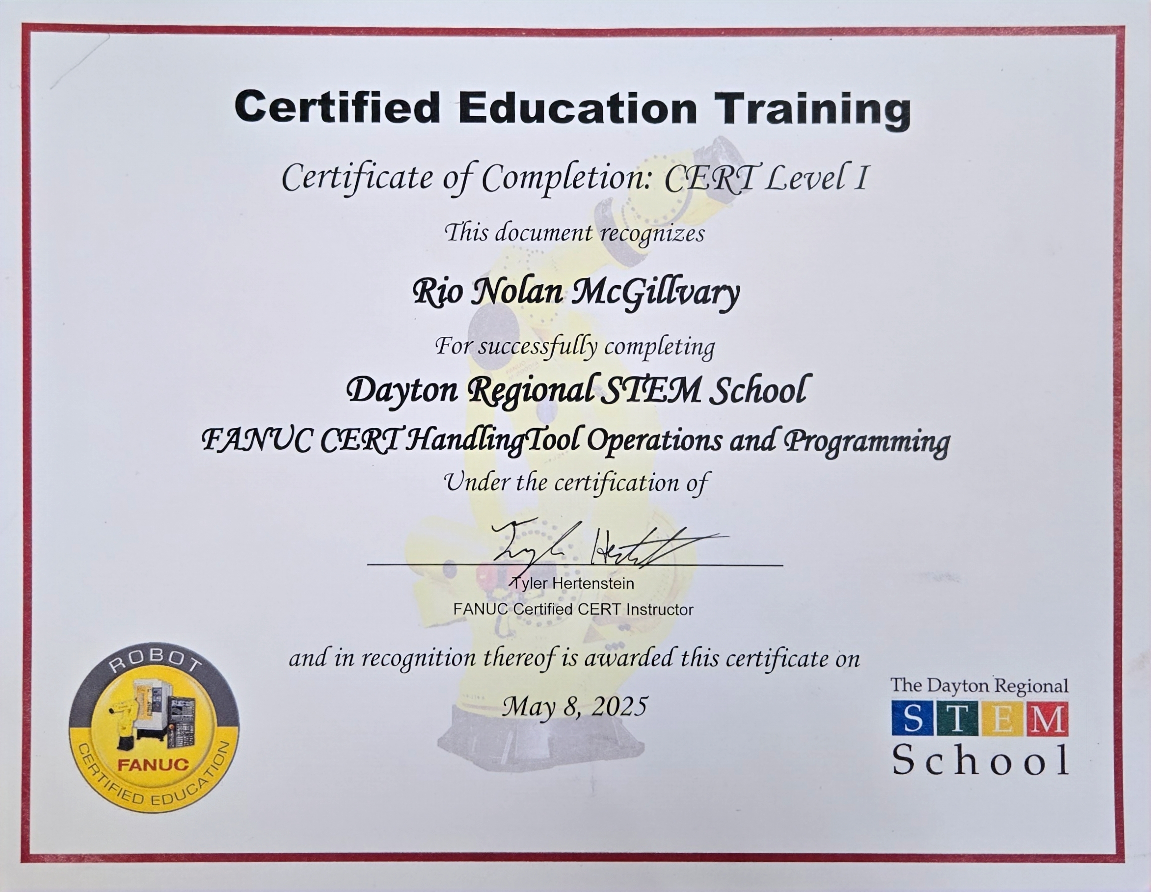A certidicate that proves that Rio passed the test and is qualified to use a robotic arm.