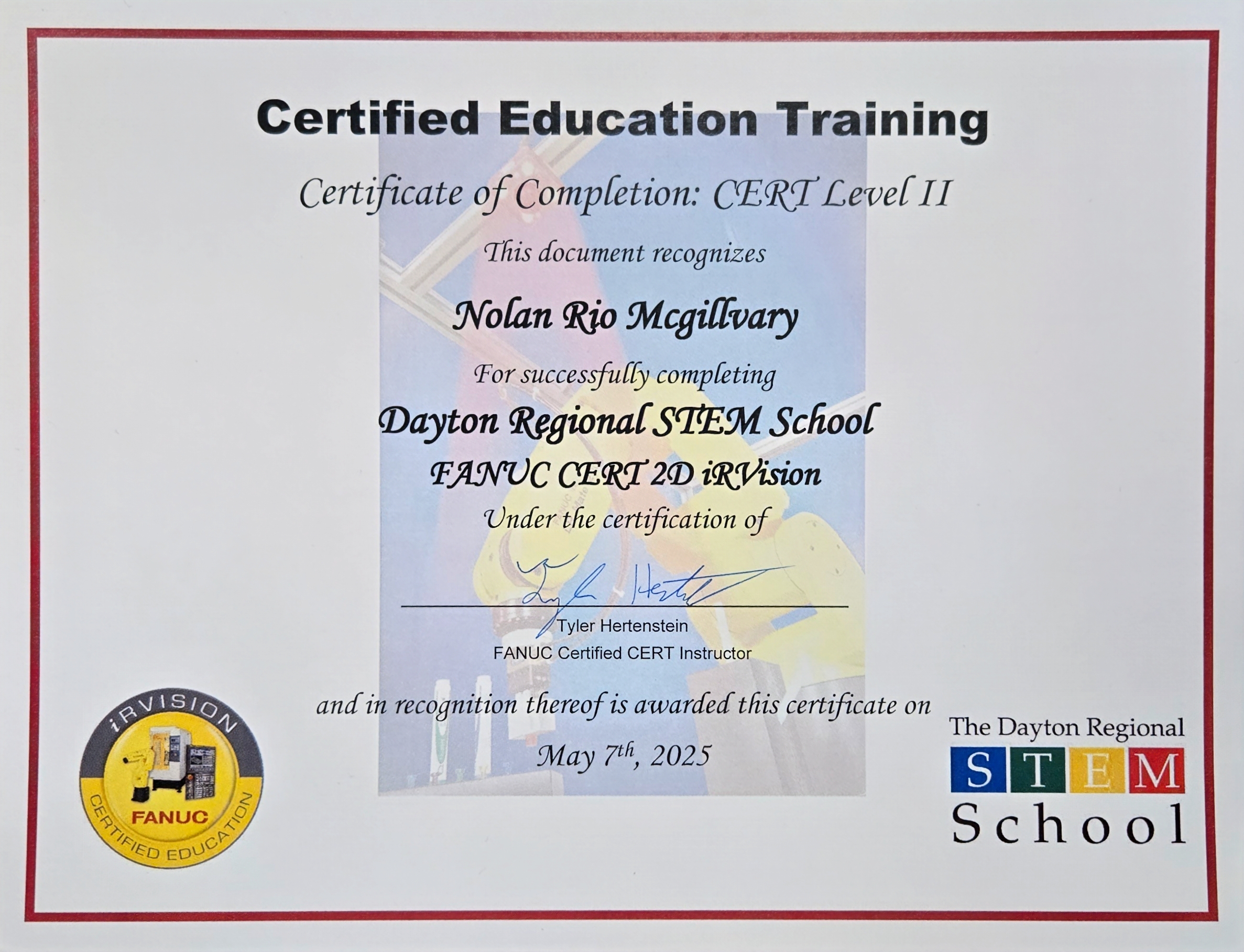 Certification/license to use a robotic arm with 2D vision.