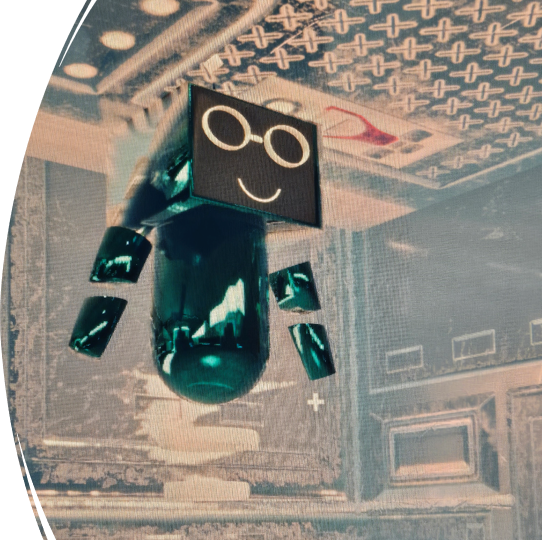 A shiny rectangular humanoid blue robot with glasses on.