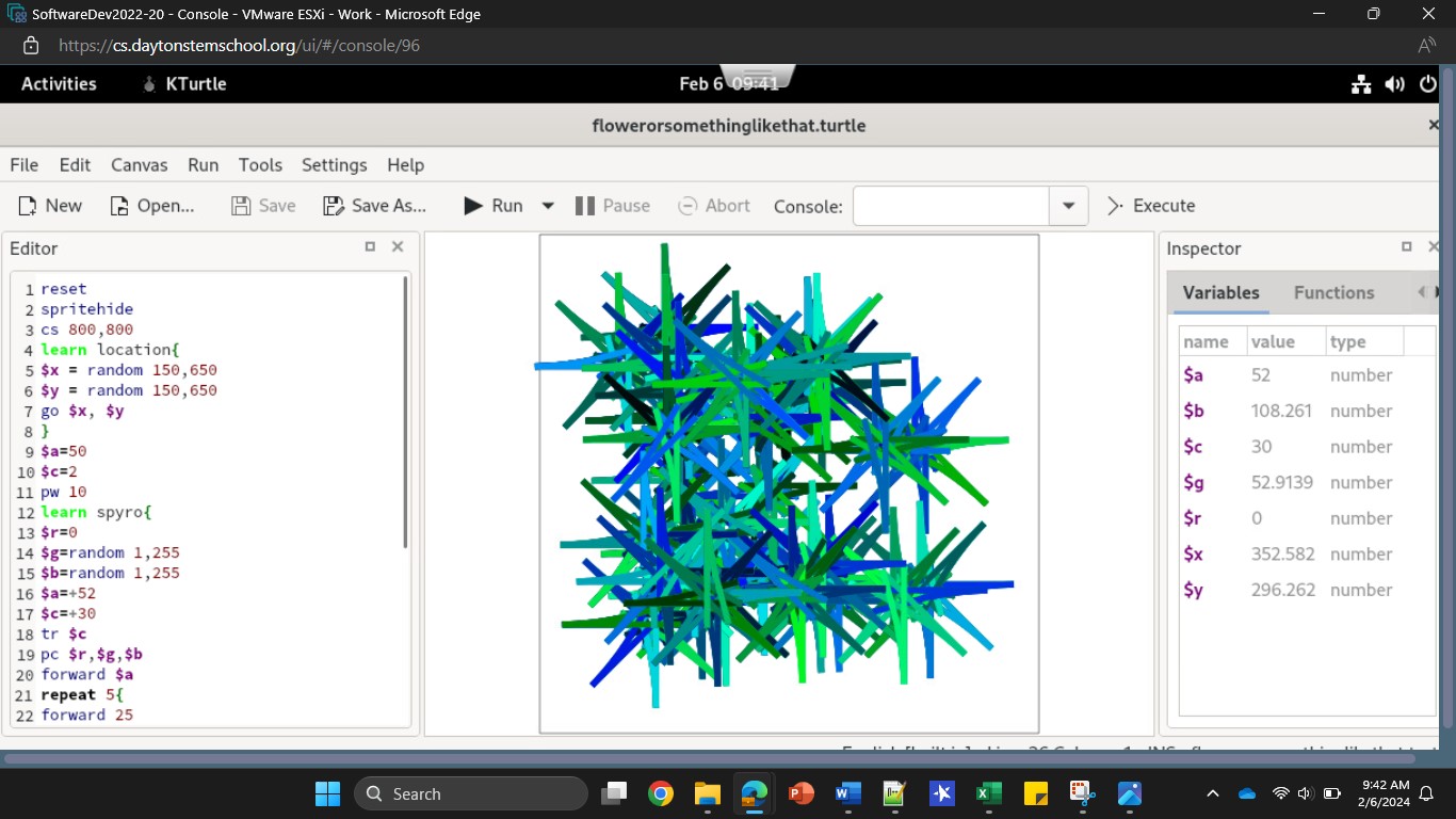 KTurtle program having draw lots of green and blue spirals.