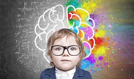 A picture of a child with an image of a brain behind the child. One side of the brain is overflowing with math and equations and the other side the brain is overflowing with color.
