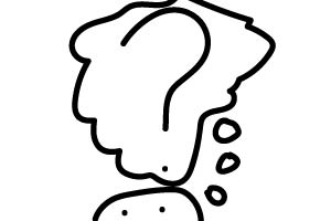 A kid looking up, thinking, with a thought bubble coming from their head containing a question mark.