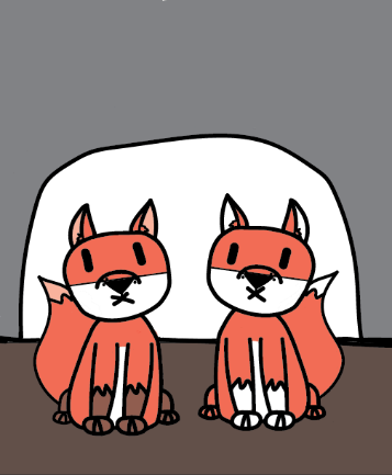 My first complete page of my storybook. It shows the inside of a grey den which has two foxes sitting inside it.